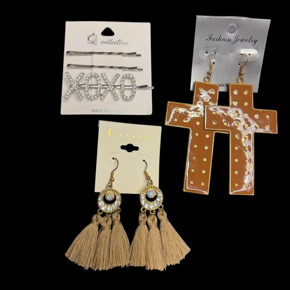 Set of 3‎ XOXO Hair Pins Cross Dangle Earrings Tassel Earrings Boho Statement